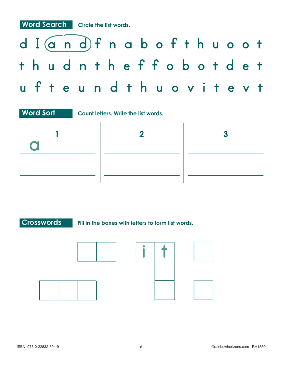 Lesson 1 word search, sorting by letter count, and crosswords review a, and, I, it, of, and the.