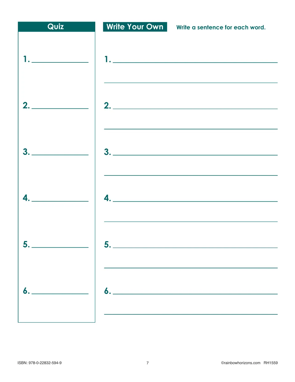Lesson 1 ends with a six-item spelling quiz and a writing task asking students to write a sentence for each word.