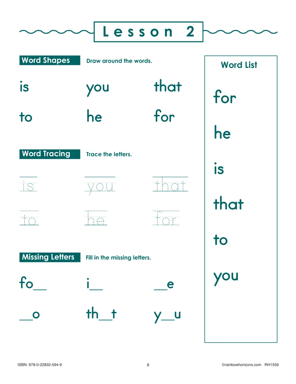 Lesson 2 introduces for, he, is, that, to, and you through word shapes, tracing, and missing letters.