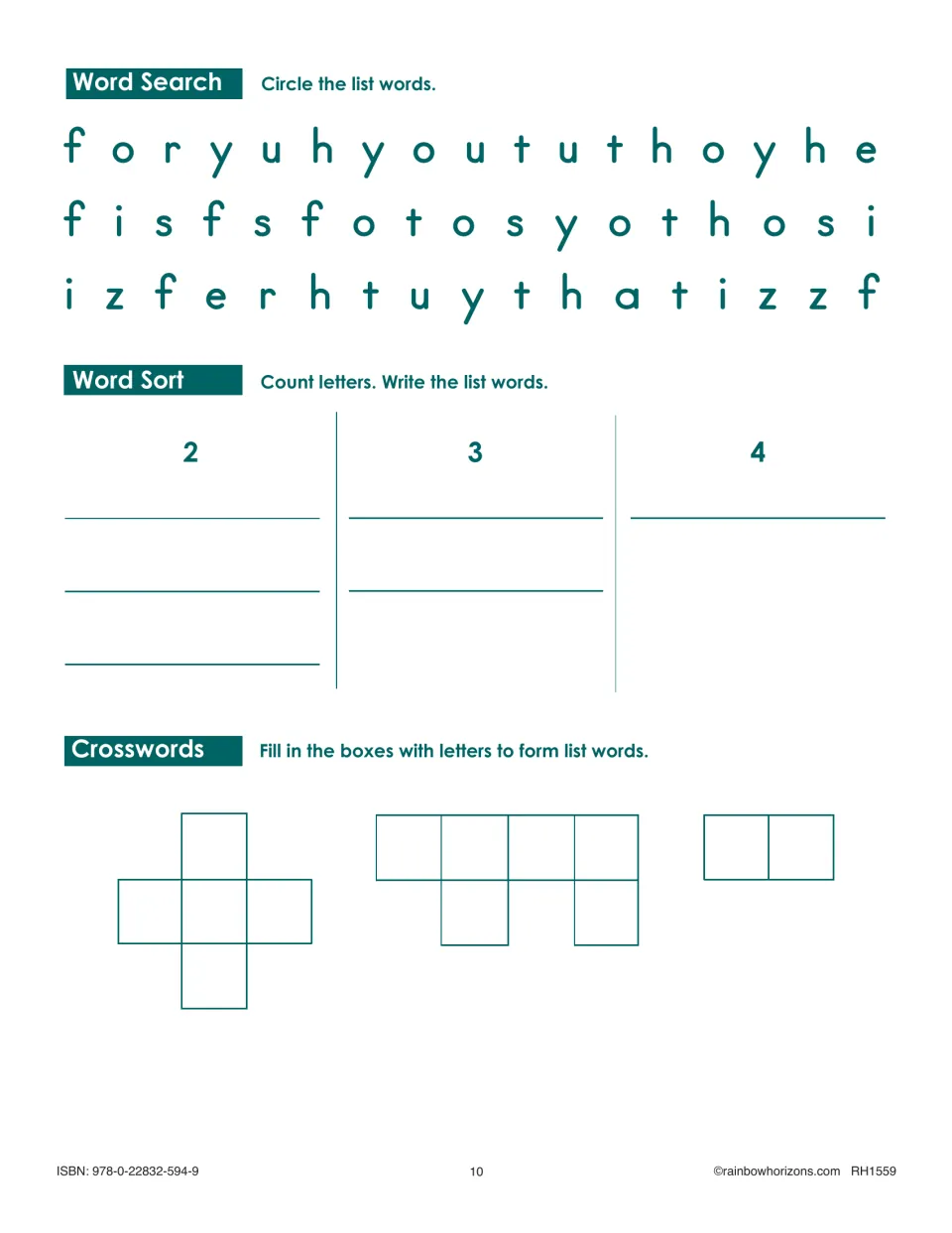 Lesson 2 reviews for, he, is, that, to, and you through a word search, letter-count sorting, and crosswords.