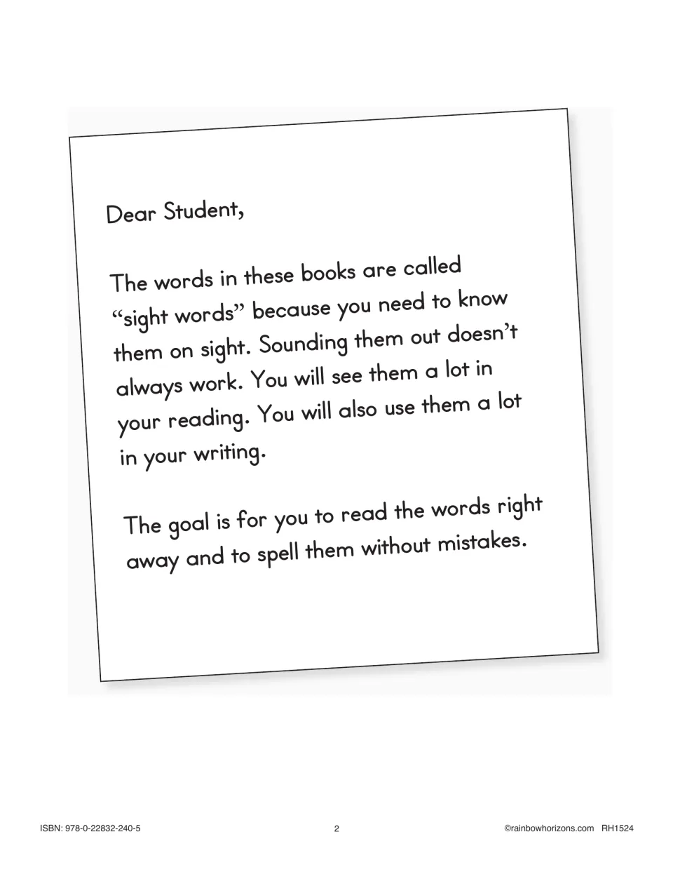 Student introduction explains sight words and the goal of reading them right away and spelling them correctly