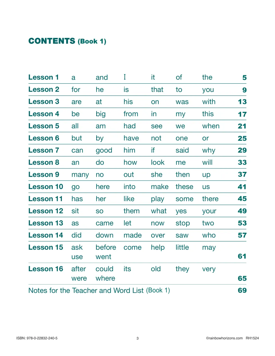 Book 1 contents lists 16 sight word lessons, starting with a, and, I, it, of, the, plus teacher notes