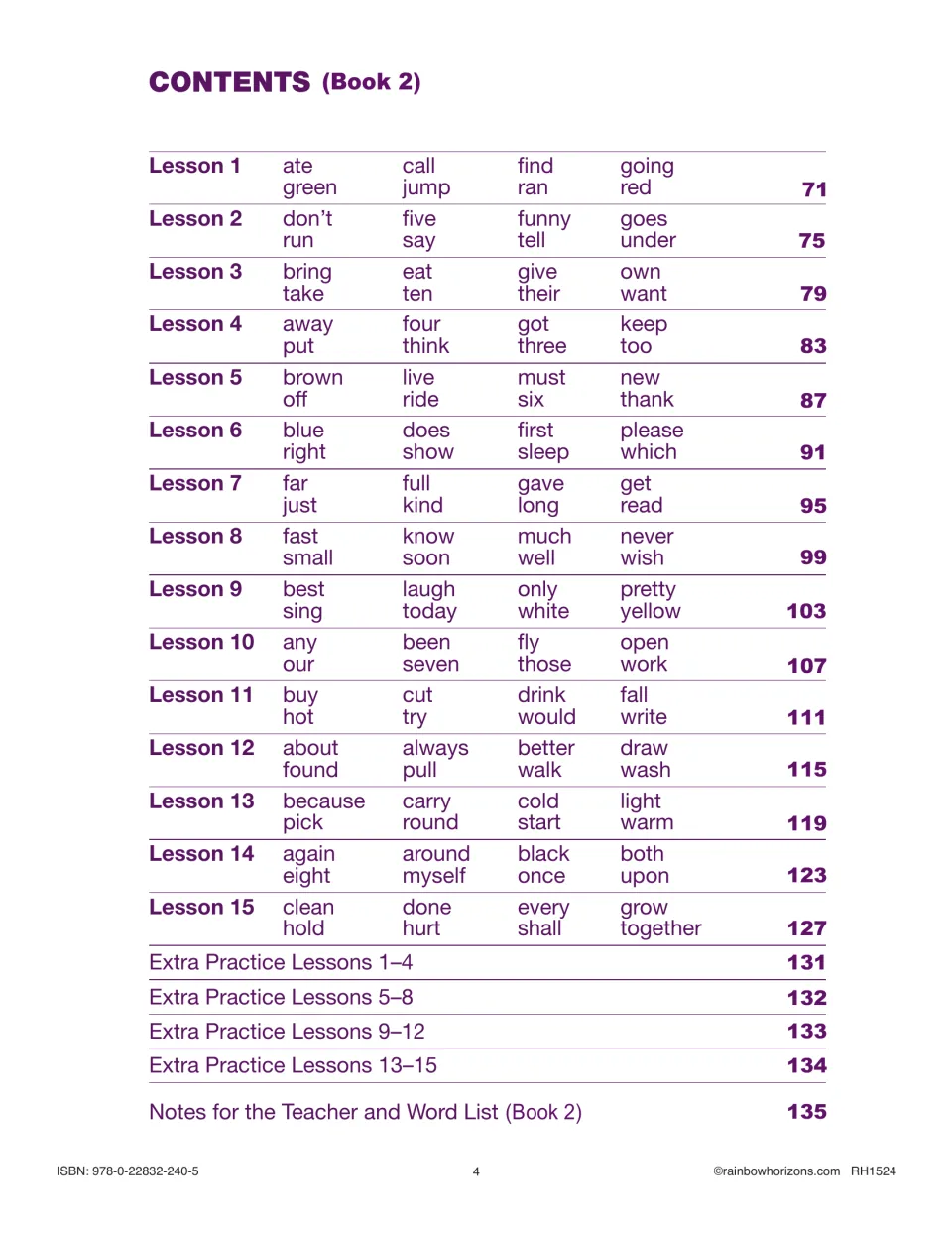 Book 2 contents lists 15 sight word lessons, starting with ate, call, find, going, plus extra practice