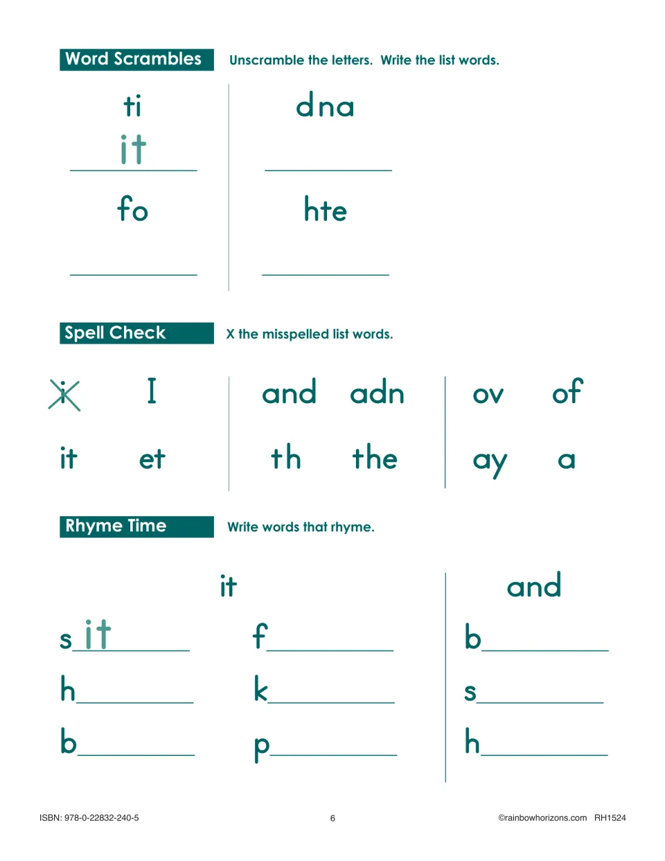 Book 1, Lesson 1 continues with word scrambles, spelling checks, and rhymes for the words it and and