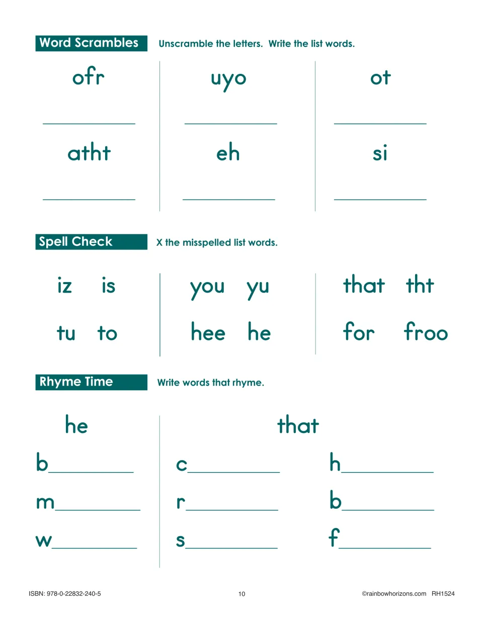 Book 1, Lesson 2 continues with six word scrambles, spelling checks, and rhyming practice for he and that