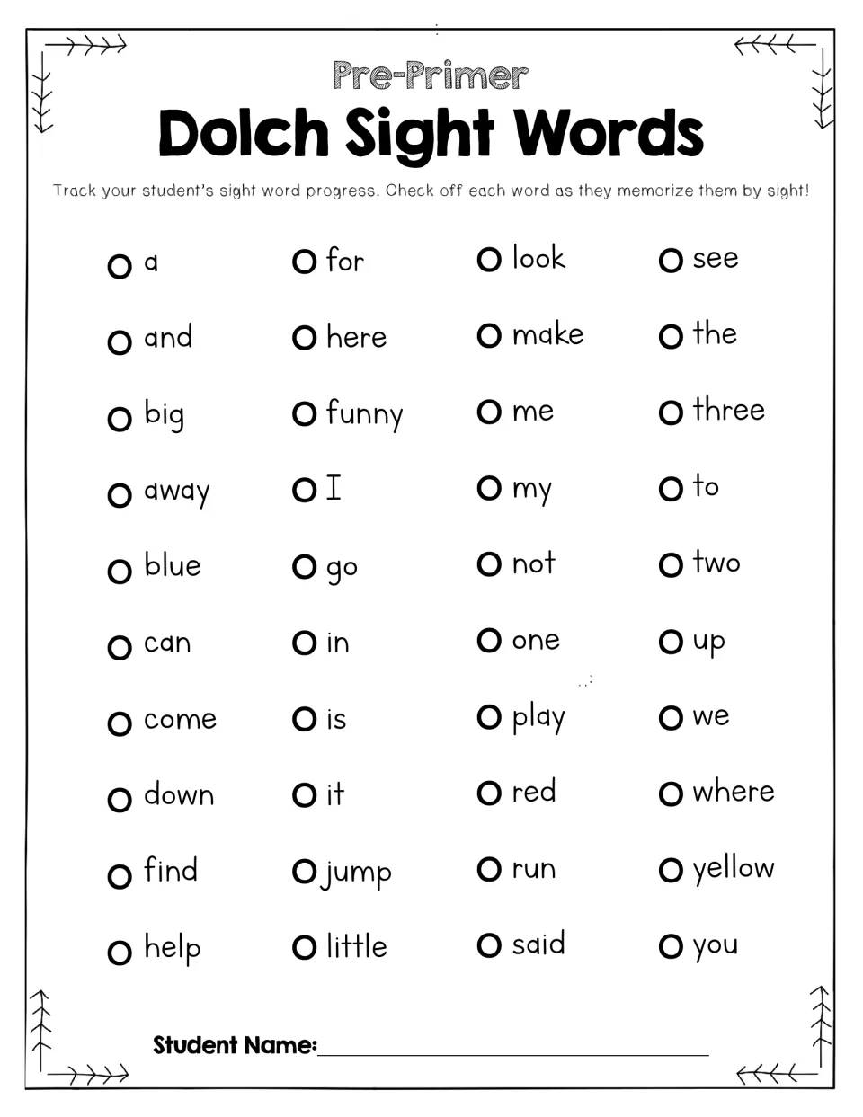 Pre-Primer Dolch progress tracker: teachers check off the 40 sight words, a through you, as a student reads it by sight