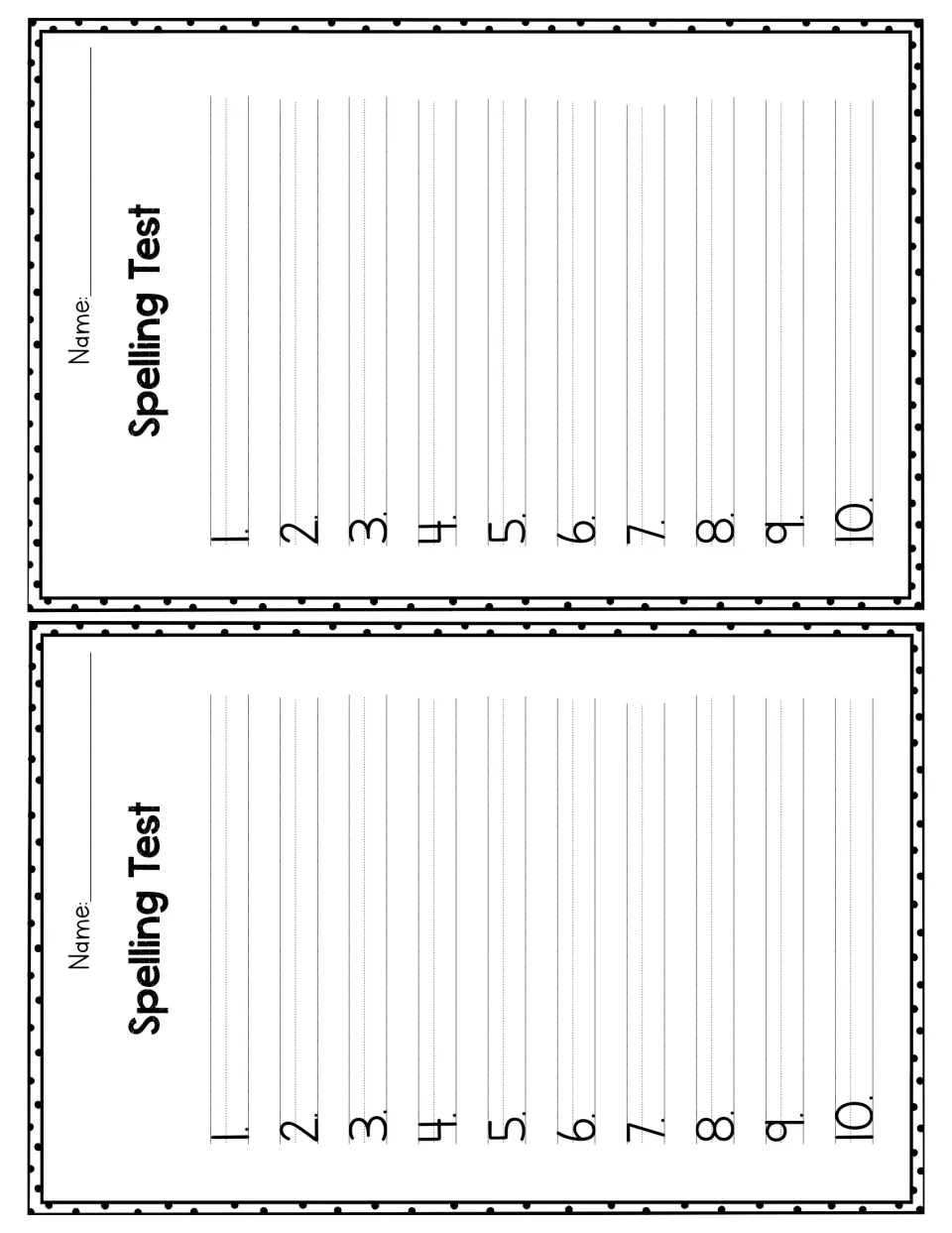 Spelling Test half sheets, two per page, each with a name line and 10 numbered lines for a full 10-word list