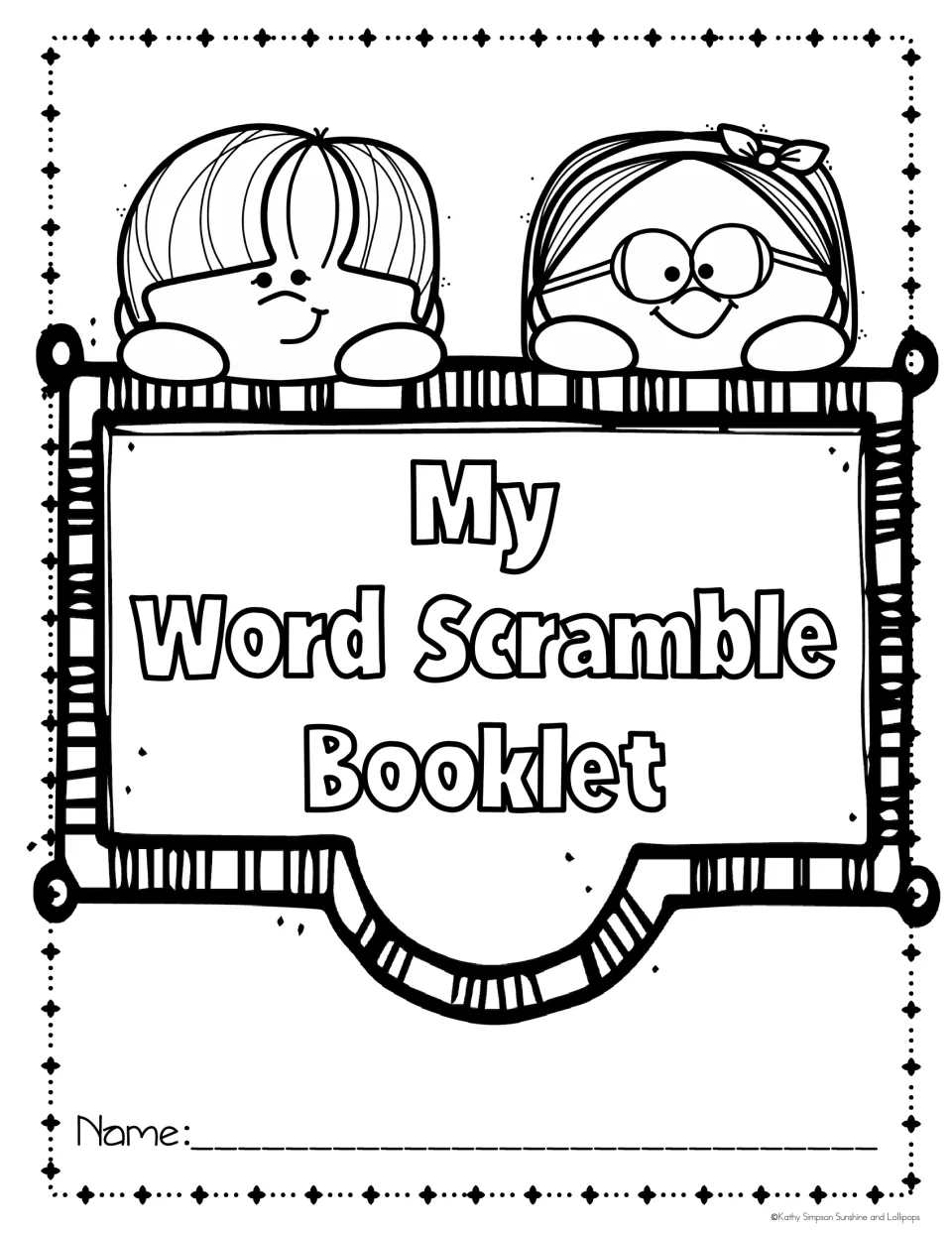 My Word Scramble Booklet cover: cartoon boy and girl peek over the title sign, with a name line for the student