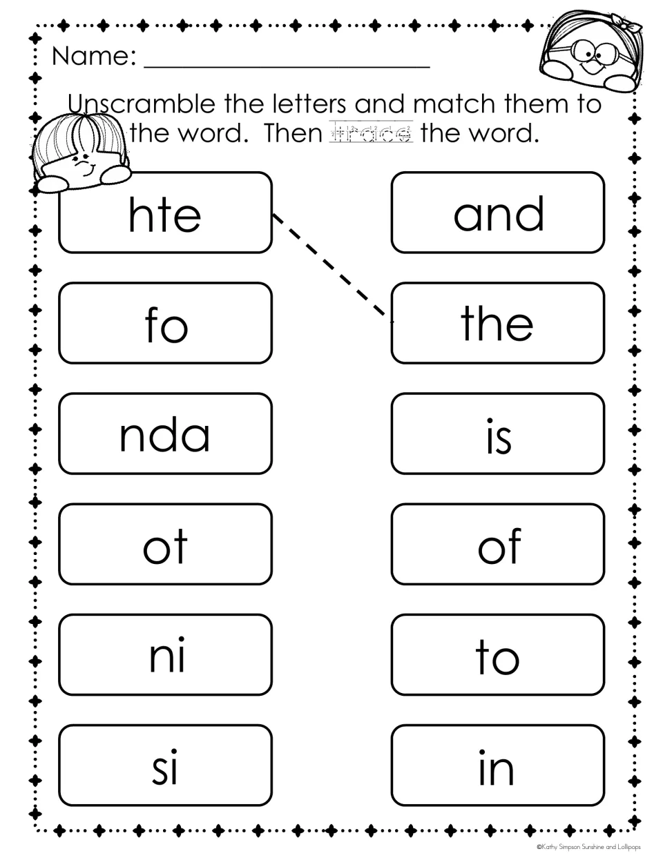 Sight word unscramble: students fix fo, nda, ot, ni and si, match each to of, and, to, in or is, then trace the word