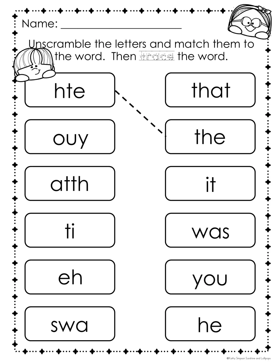 Sight word unscramble: students fix ouy, atth, ti, eh and swa, then match them to you, that, it, he and was and trace