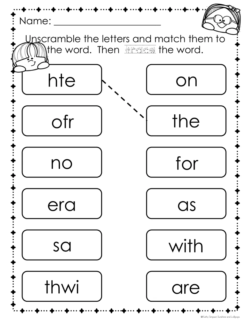 Unscramble and match: students fix ofr, no, era, sa and thwi to find for, on, are, as and with, then trace each word