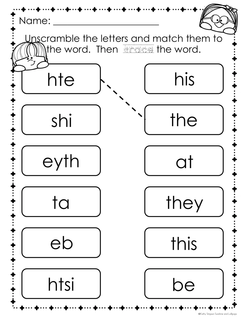 Sight word scramble: students unscramble shi, eyth, ta, eb and htsi and match them to his, they, at, be and this