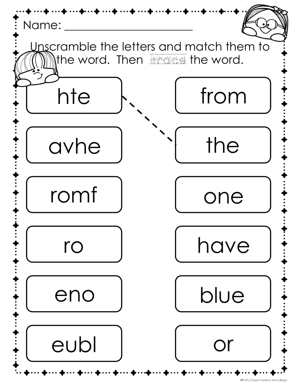 Unscramble and trace: students solve avhe, romf, ro, eno and eubl, matching them to have, from, or, one and blue