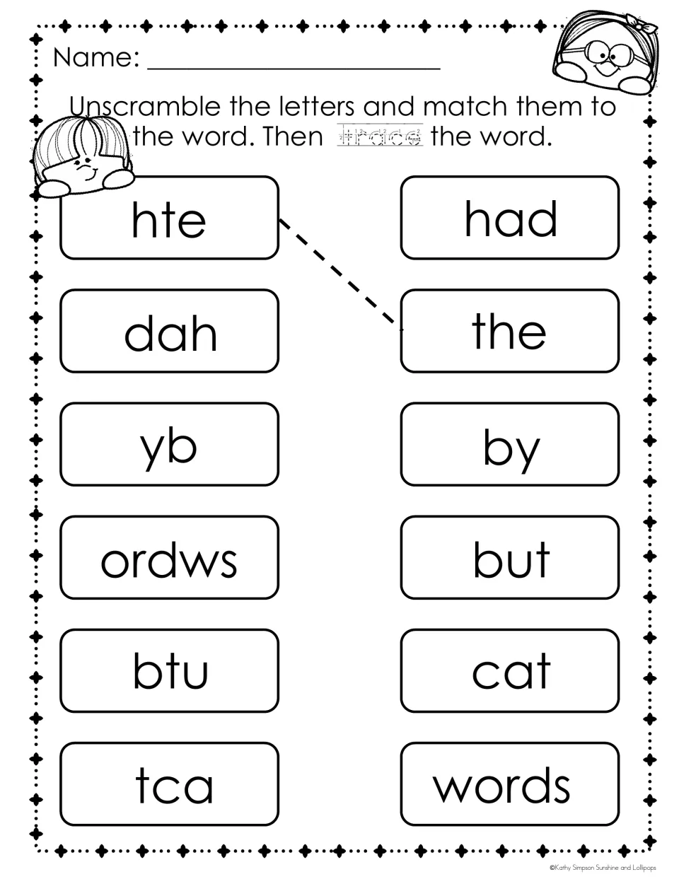 Sight word matching: students unscramble dah, yb, ordws, btu and tca into had, by, words, but and cat, then trace them