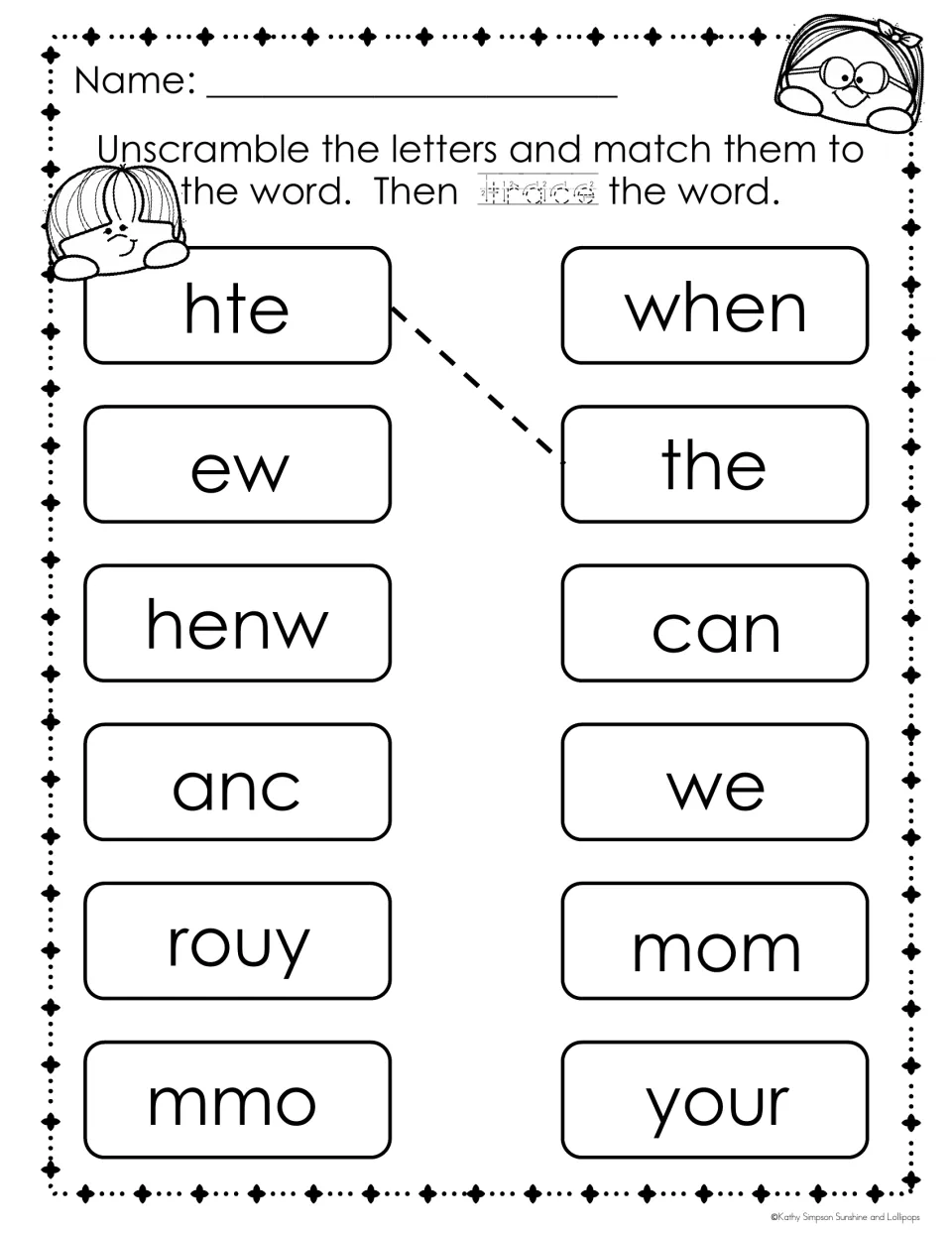 Sight word unscramble: students solve ew, henw, anc, rouy and mmo, match them to we, when, can, your and mom, and trace