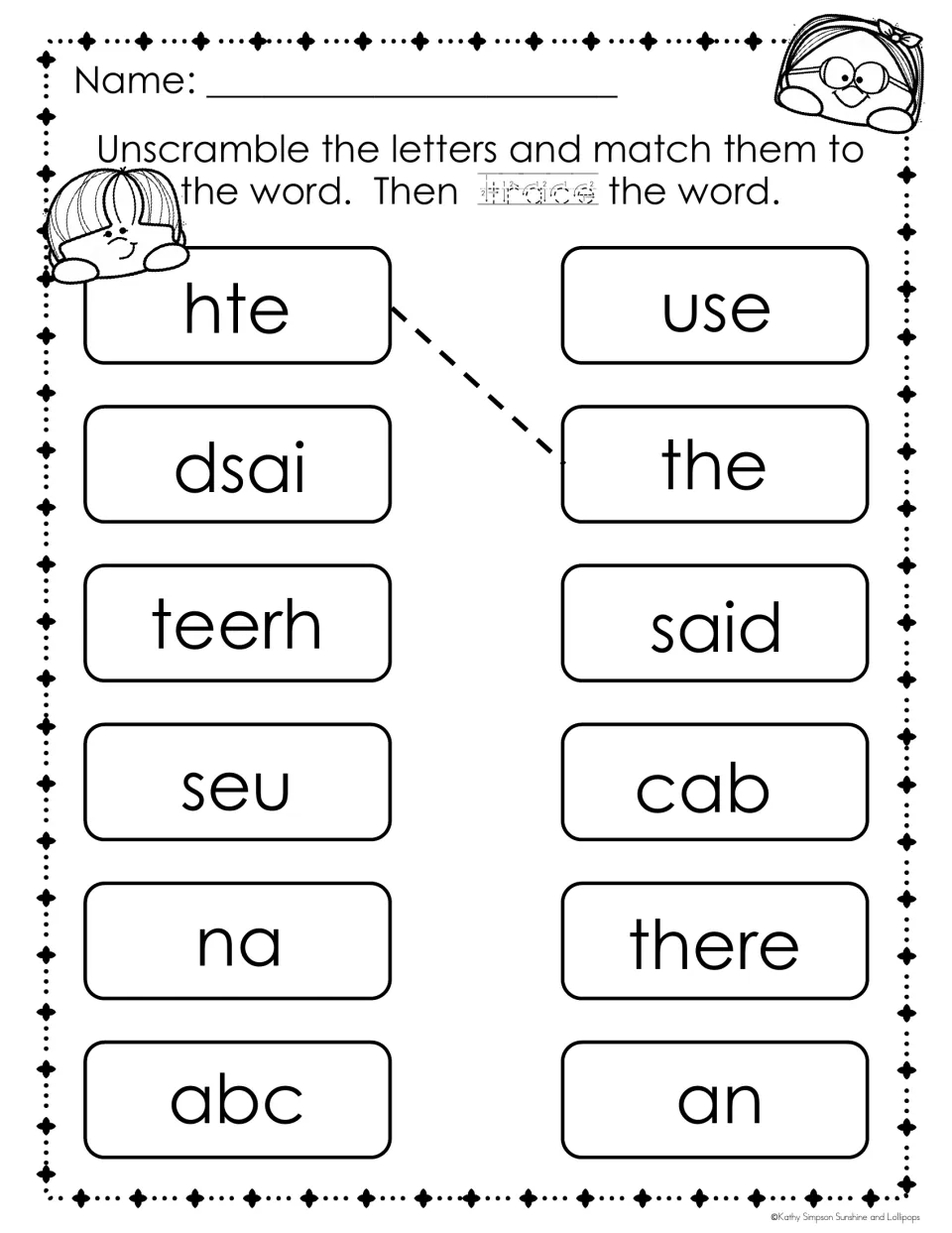 Unscramble, match and trace: students fix dsai, teerh, seu, na and abc into said, there, use, an and cab