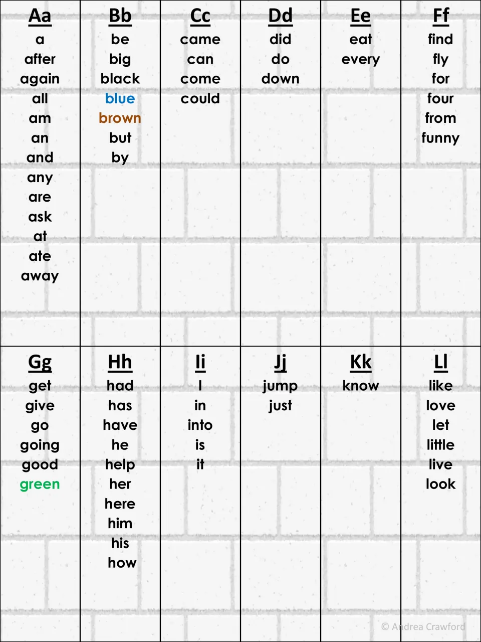 Sight words sorted by letter Aa to Ll, from a, after and again to like, love and look, with color words in matching ink
