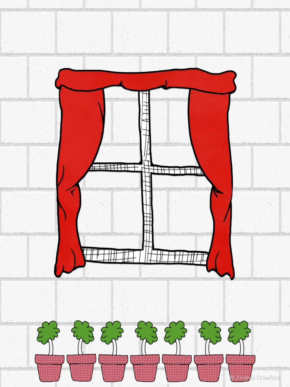Decorative window with red curtains above a row of seven potted green plants, for dressing up the word display