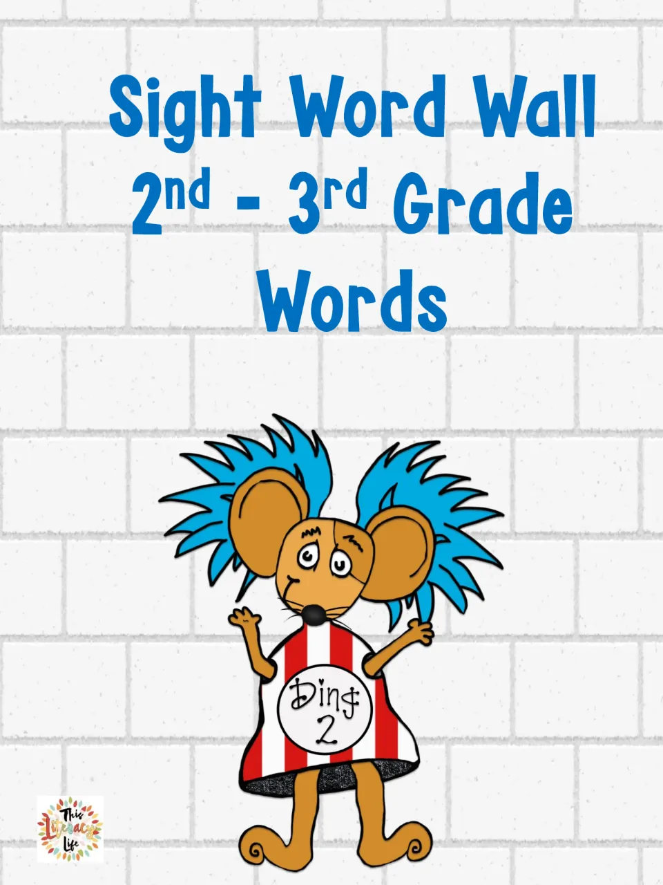 Sight word wall cover for 2nd-3rd grade words, showing a mouse character in a striped Ding 2 shirt on a brick wall