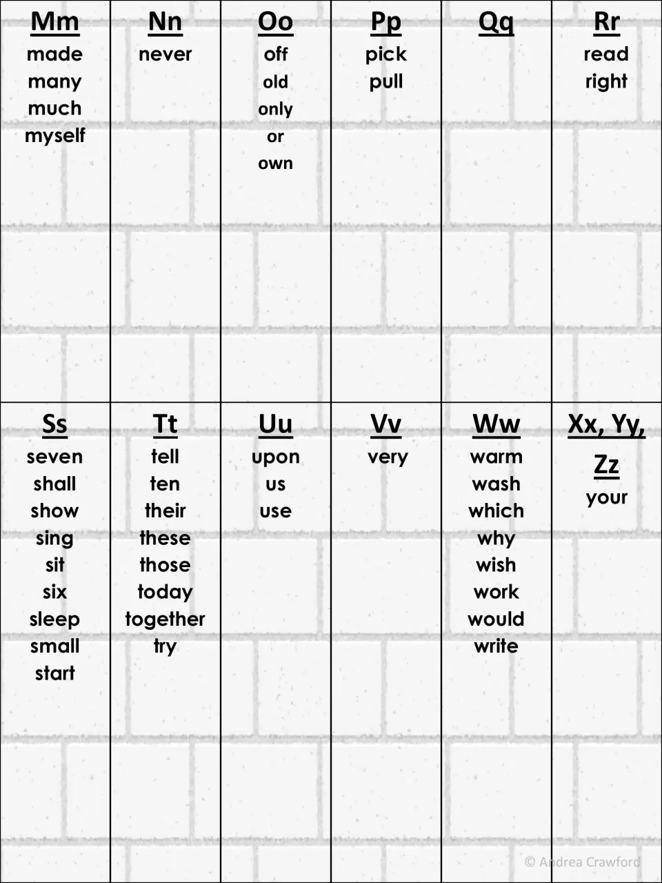 Alphabetized sight words M to Z: made, never, off, pick and read through seven, tell, upon, very, warm and your