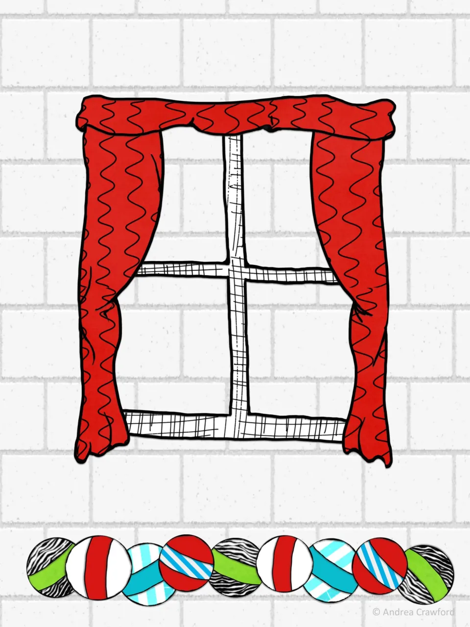 Word wall decoration: cartoon window with red wavy-patterned curtains above a row of striped circles on white brick