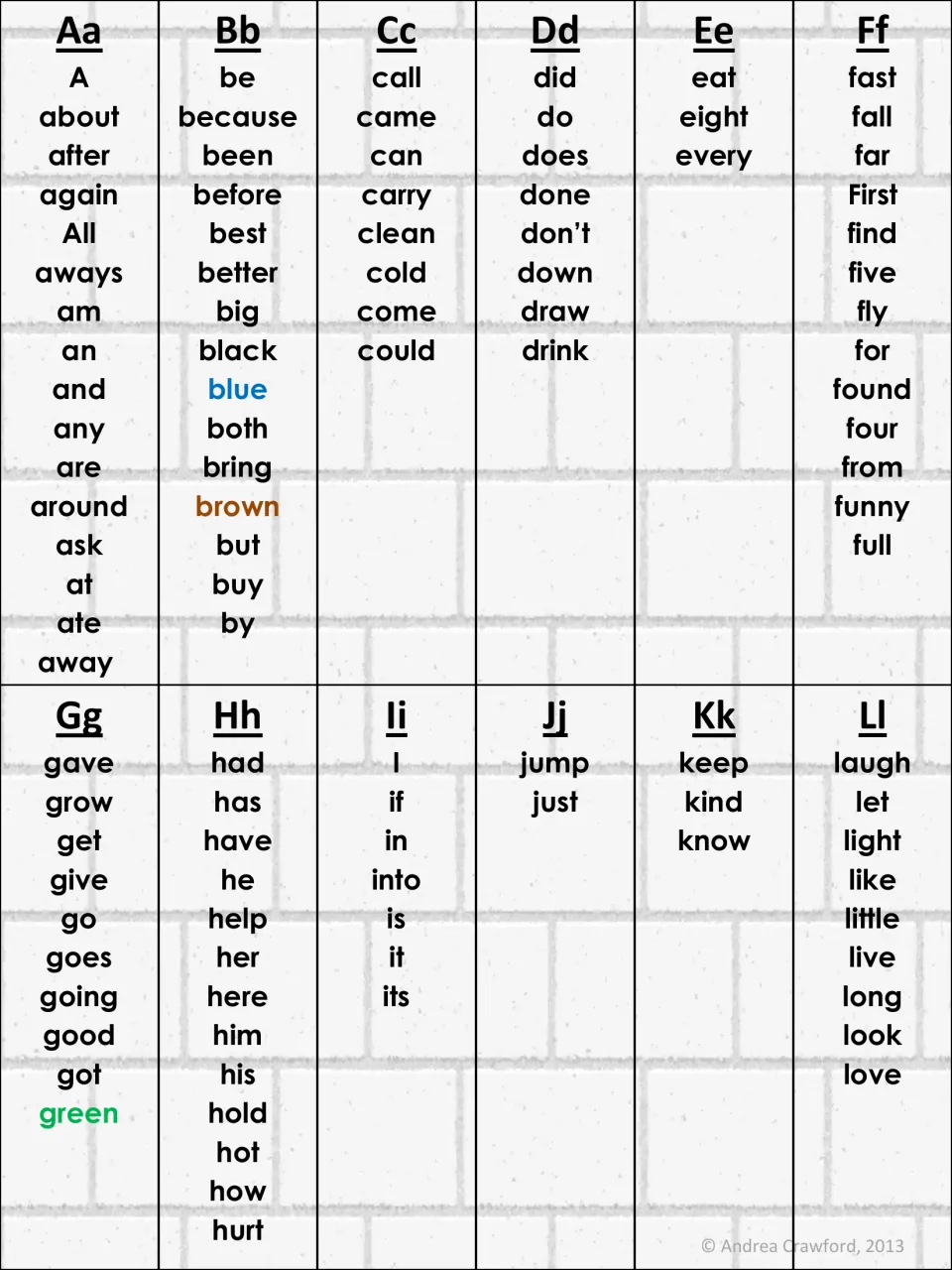 Sight words A to L under letter headings, from about and because to laugh and love, with blue, brown and green in color