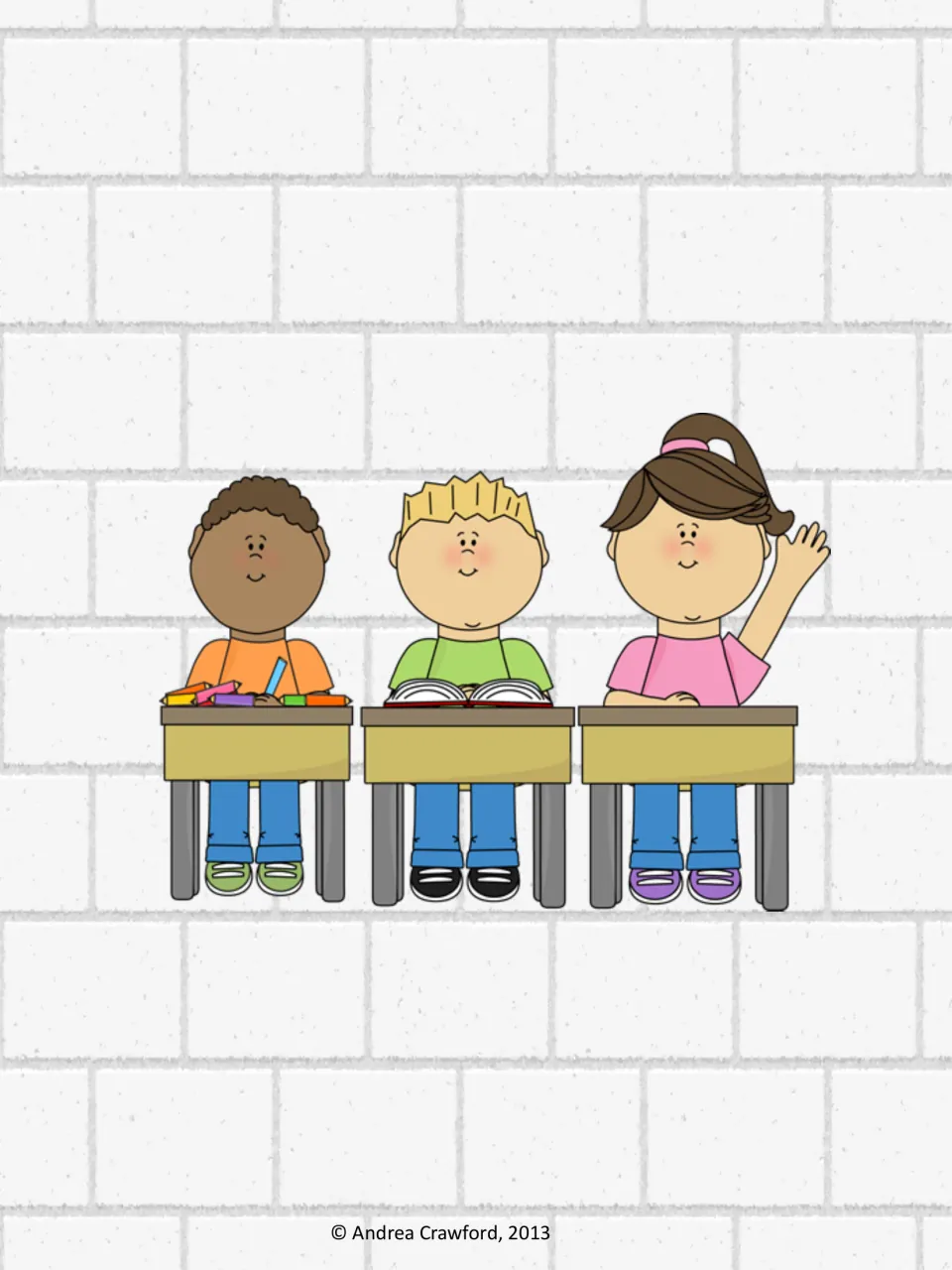 Illustration of three children sitting at school desks, one with crayons, one reading a book and one raising a hand