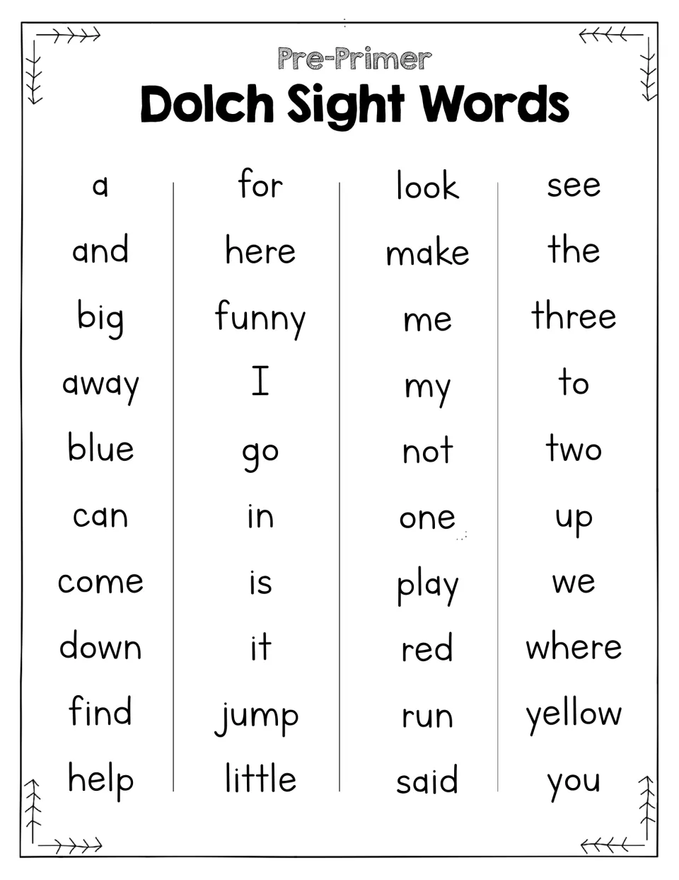 Pre-Primer Dolch sight word list of 40 words, from a, and, big and away through said, you, yellow and where
