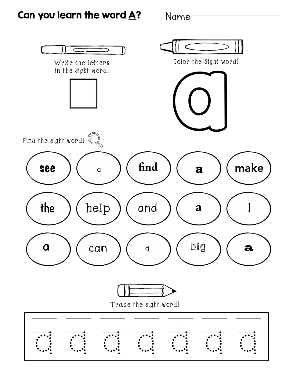 Can you learn the word A?: students color and write a, find it among 15 words in different fonts, and trace it 7 times