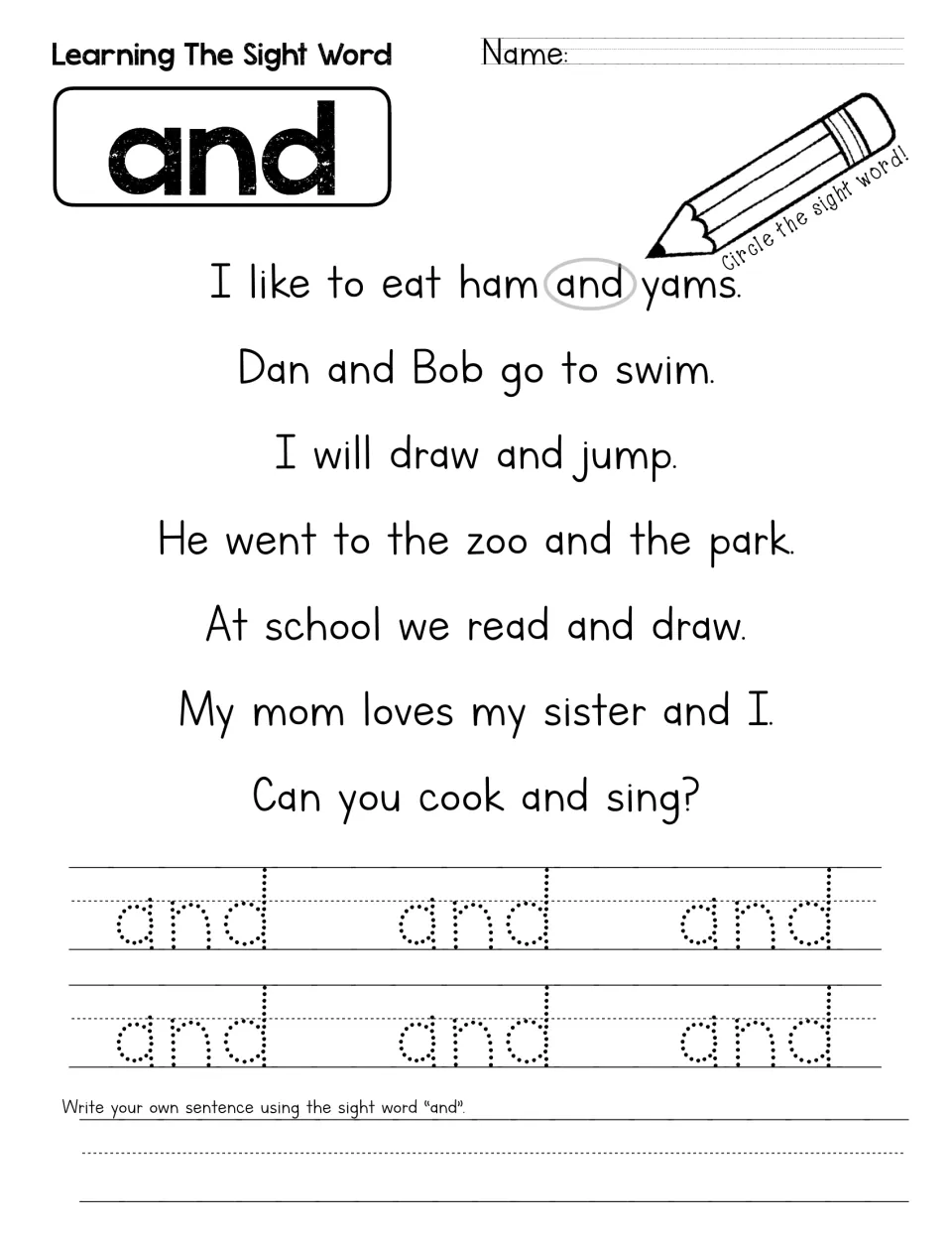 Learning the sight word and: students circle it in sentences like Dan and Bob go to swim, trace it and write a sentence