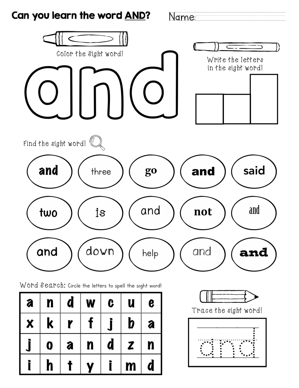 Can you learn the word AND?: students color and spell and, spot it among 15 words, circle it in a word search and trace it