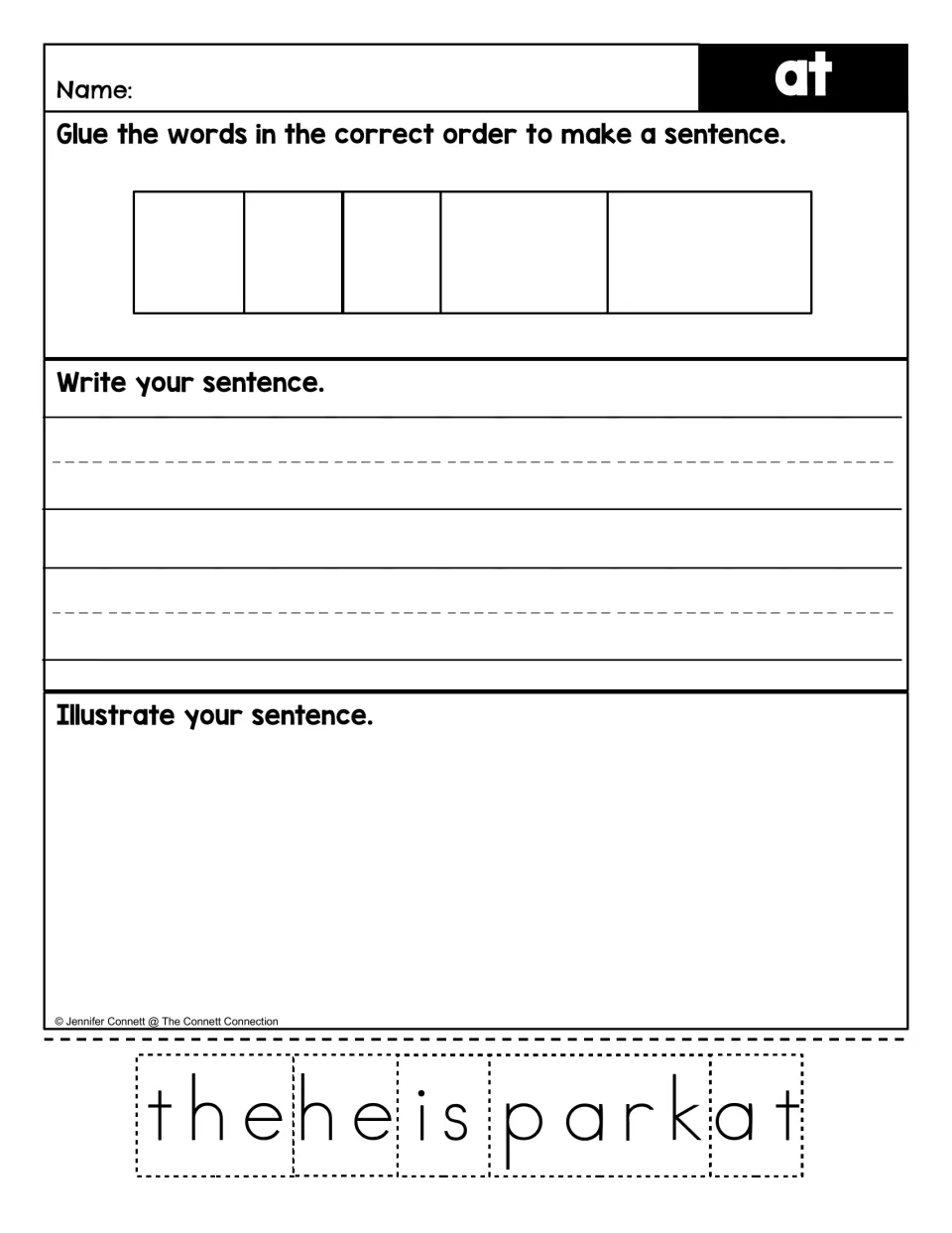 Sentence-building activity using “the,” “he,” “is,” “park,” and “at,” followed by writing and illustrating.