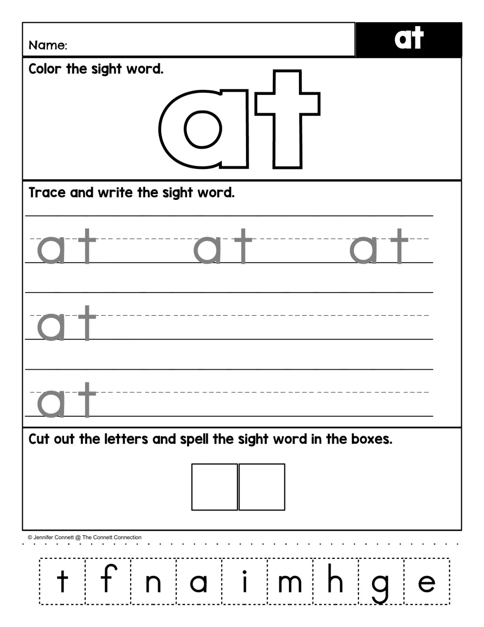 Sight word practice for “at”: color the word, trace and write it, then cut out letters to spell it.