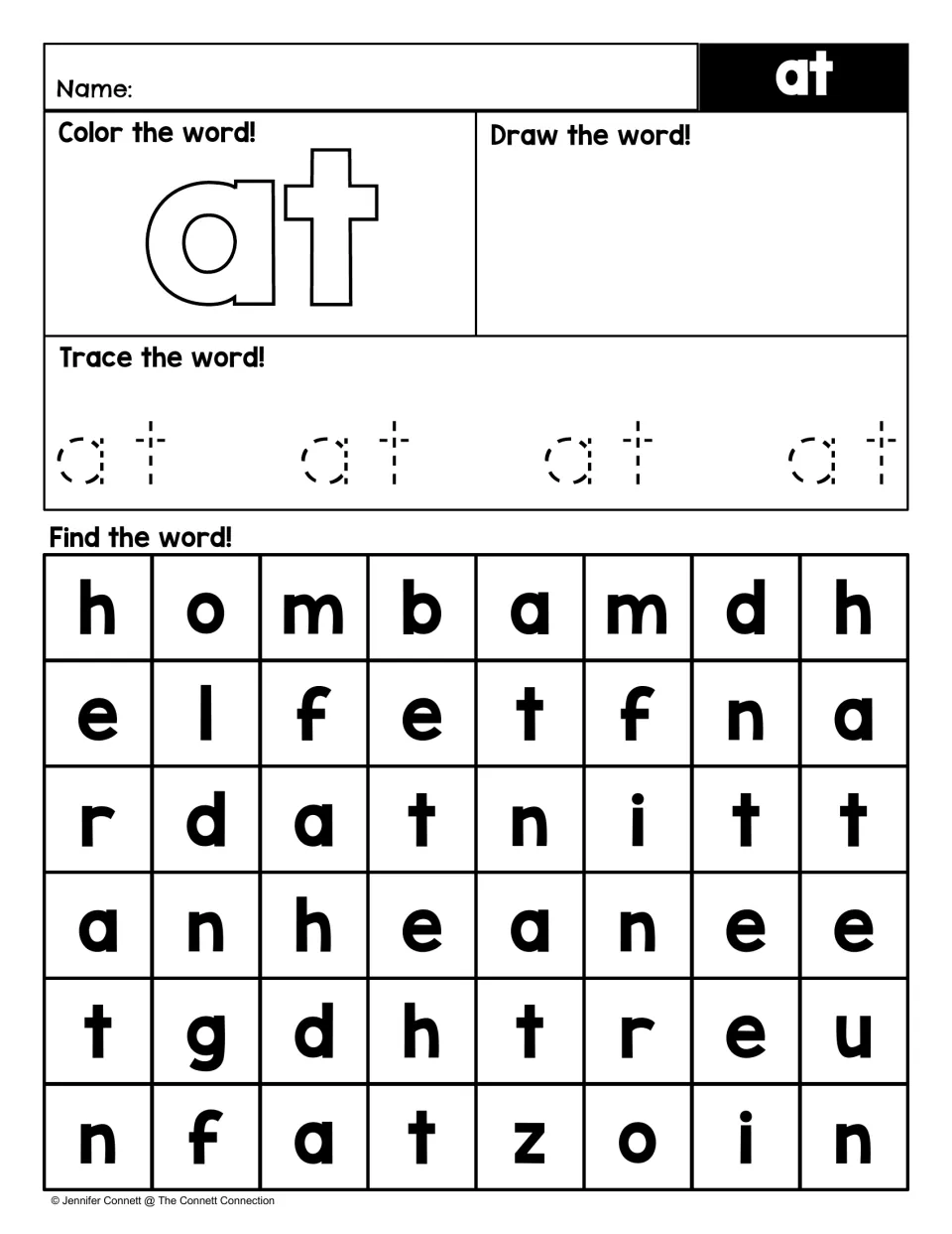 Sight word search activity for “at,” including coloring, drawing, tracing, and finding the word among letters.
