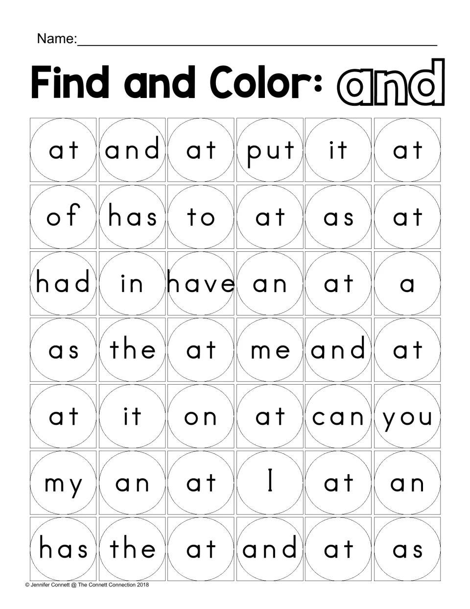 Find-and-color activity headed “and,” with choices including “at,” “and,” “put,” “it,” and other sight words.