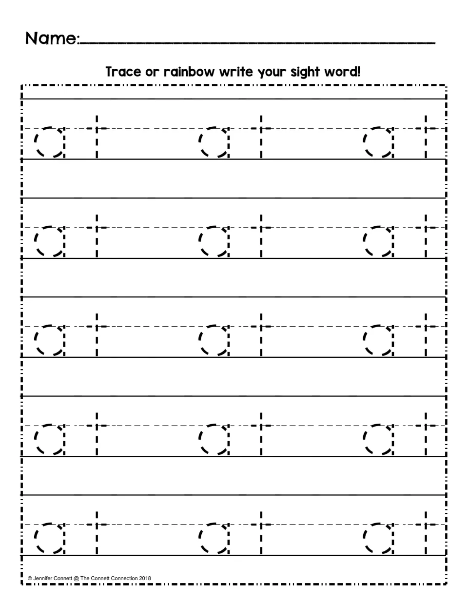 Sight word handwriting activity featuring 15 dotted examples of “at” for students to trace or rainbow write.