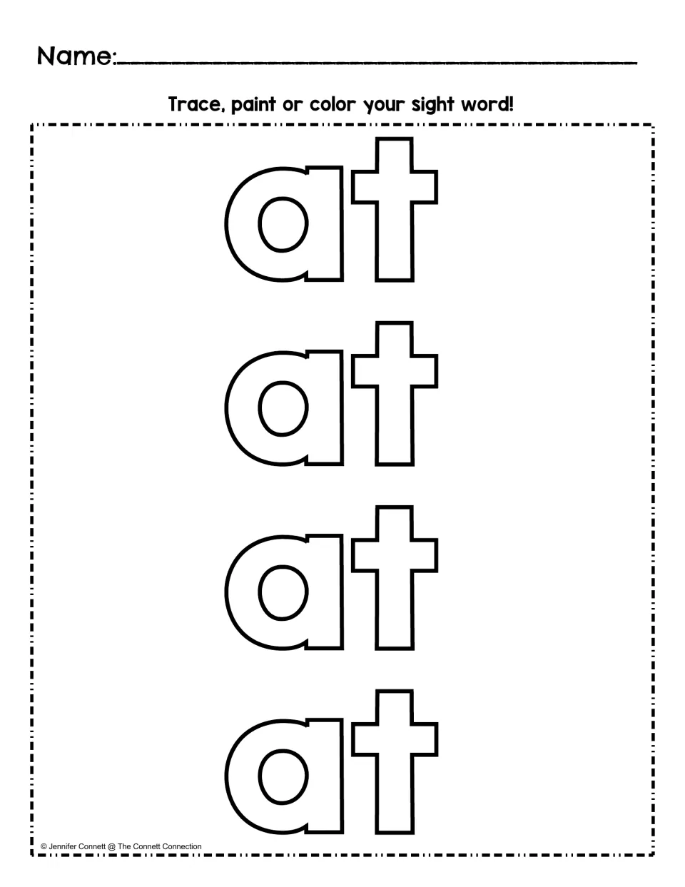 Sight word art activity featuring four large outlined versions of “at” for students to trace, paint, or color.
