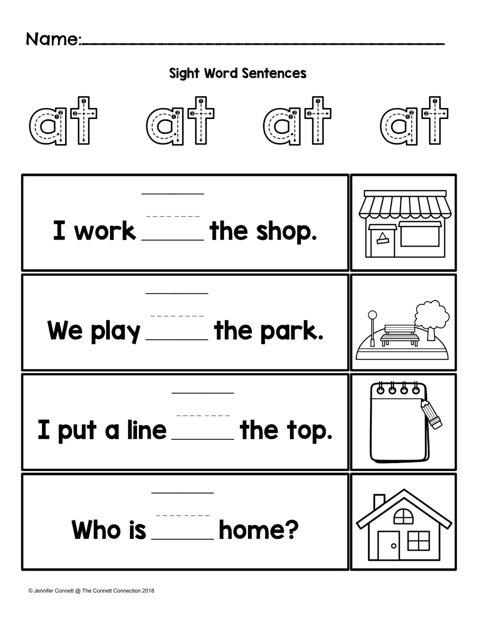 Sight word sentence practice: trace “at” and complete four sentences about a shop, the park, a top, and home.