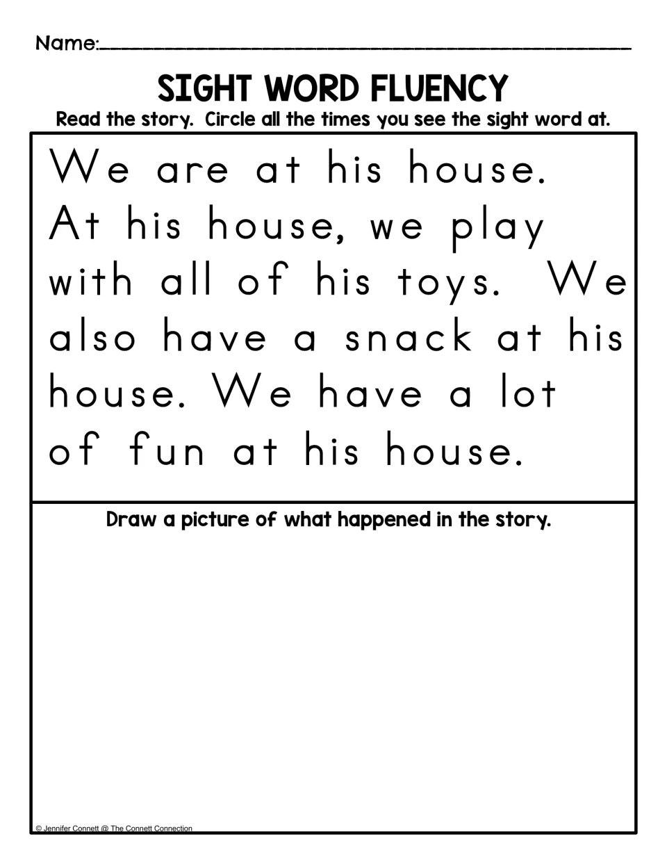 Sight word fluency story about playing and snacking at his house; circle “at” and draw what happened.