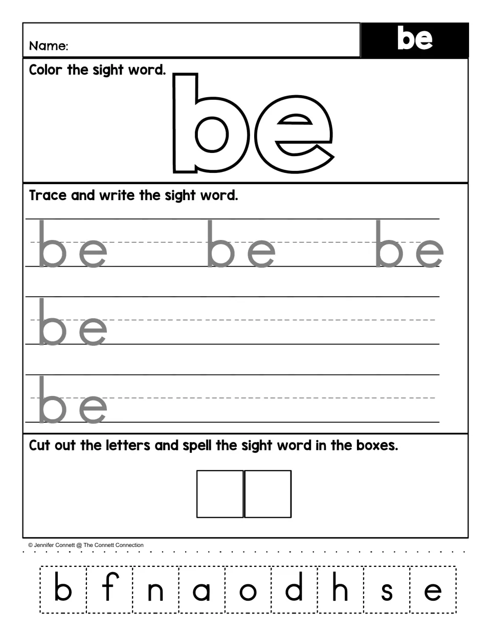 Sight word practice for “be”: color the word, trace and write it, then cut out b and e to spell it.
