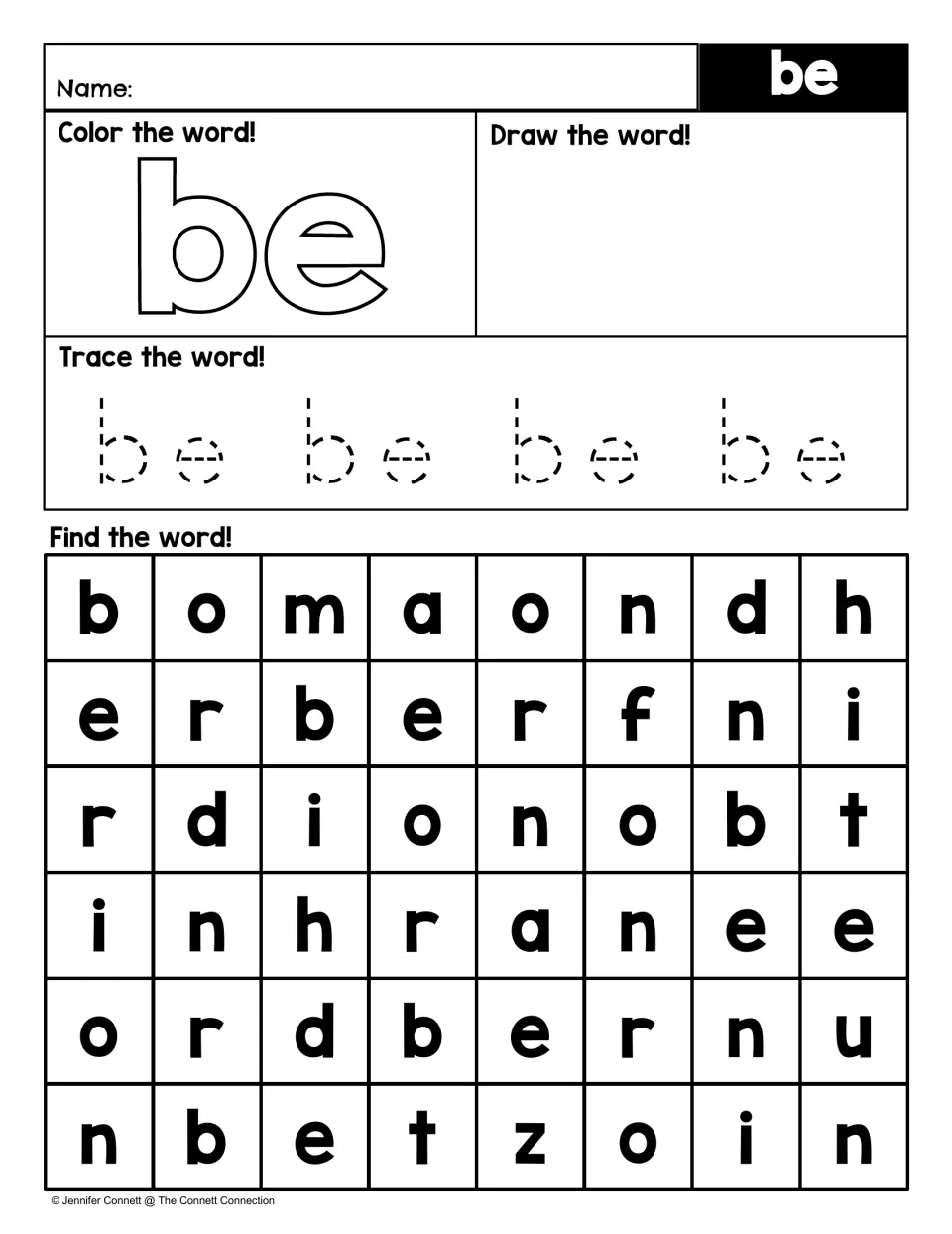 Sight word search practice for “be”: color and draw the word, trace it four times, and find it among letters.