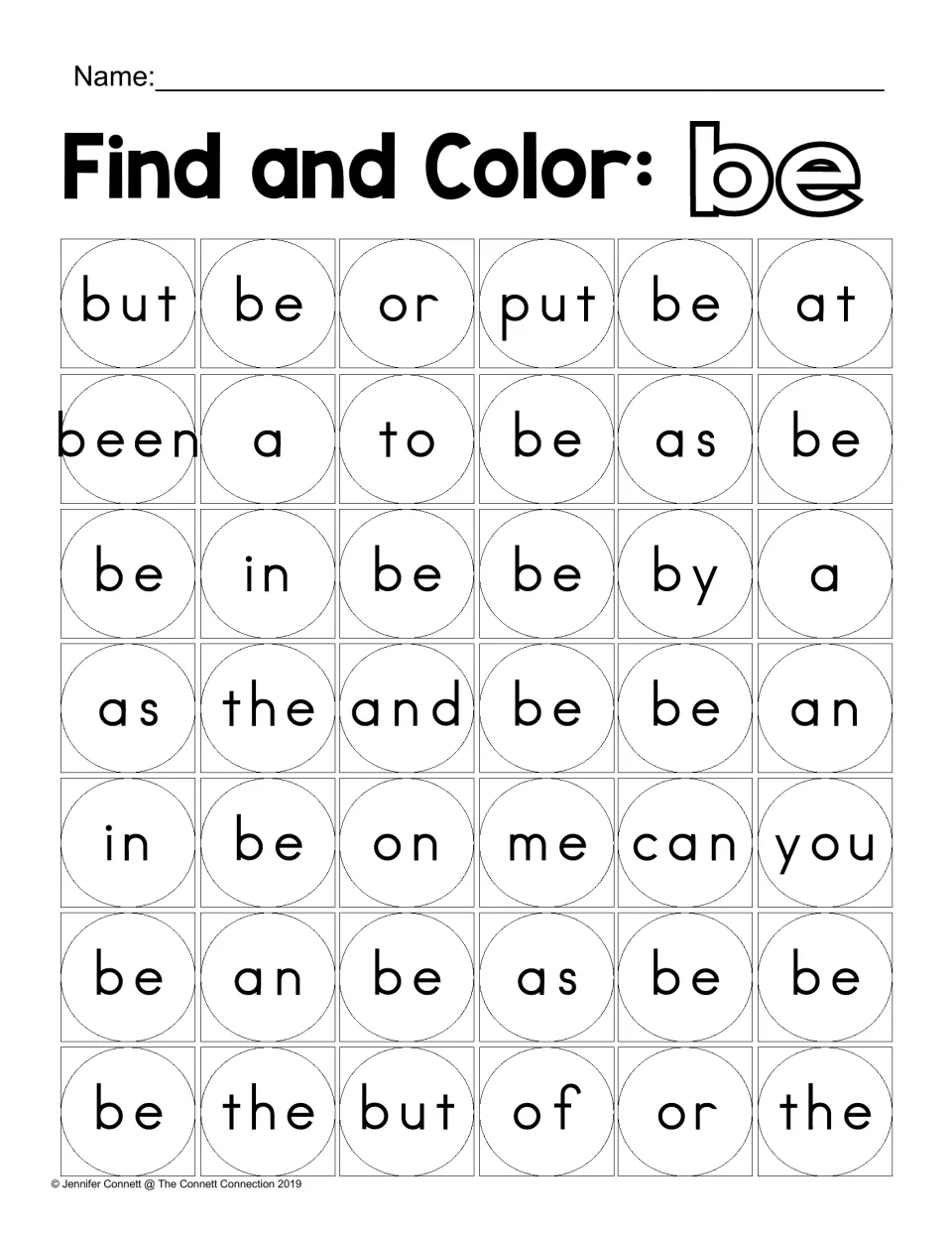 Find-and-color practice for “be”: identify the target word among words including “but,” “been,” and “by.”