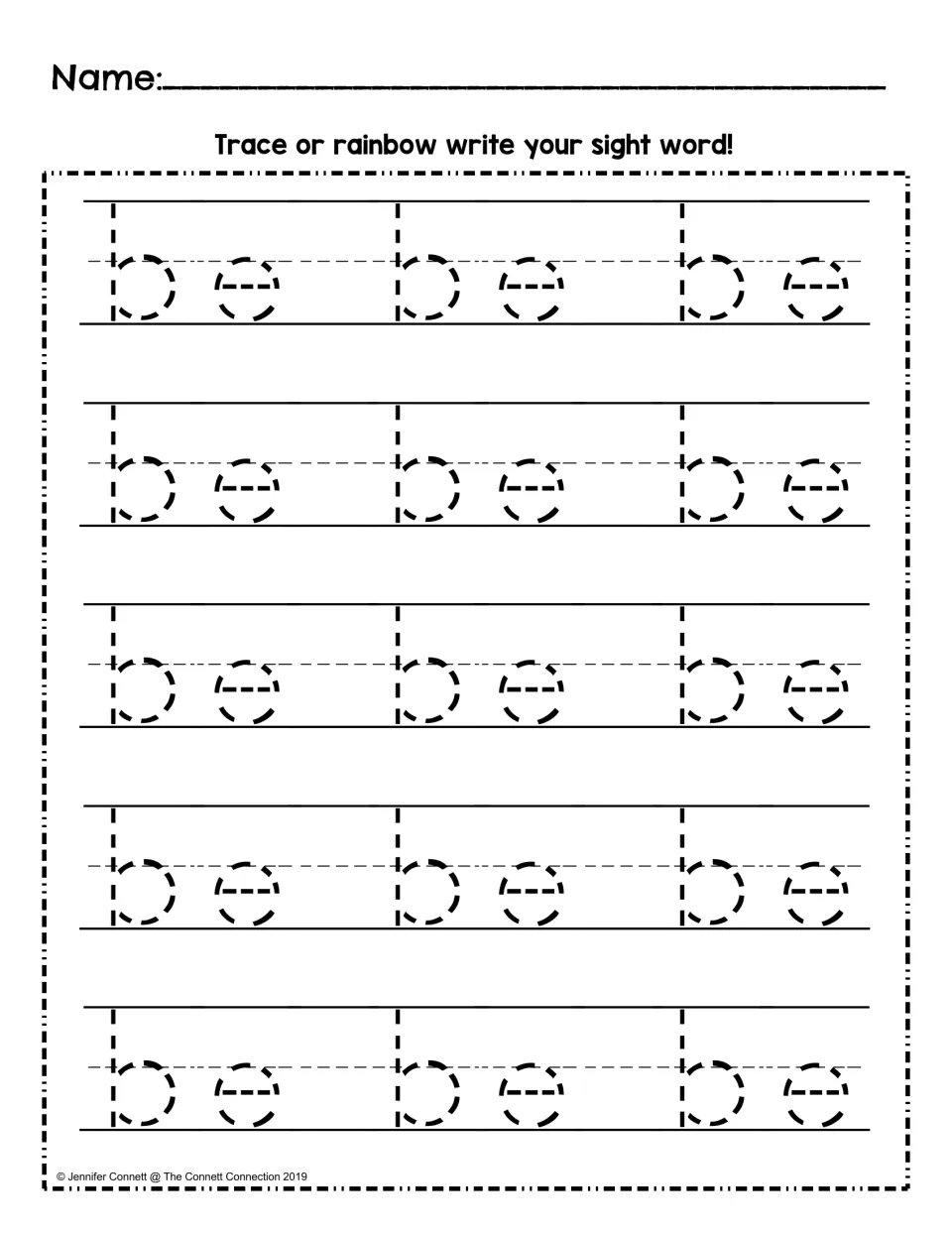 Sight word tracing practice for “be” with 15 dotted examples to trace or rainbow write for handwriting practice.
