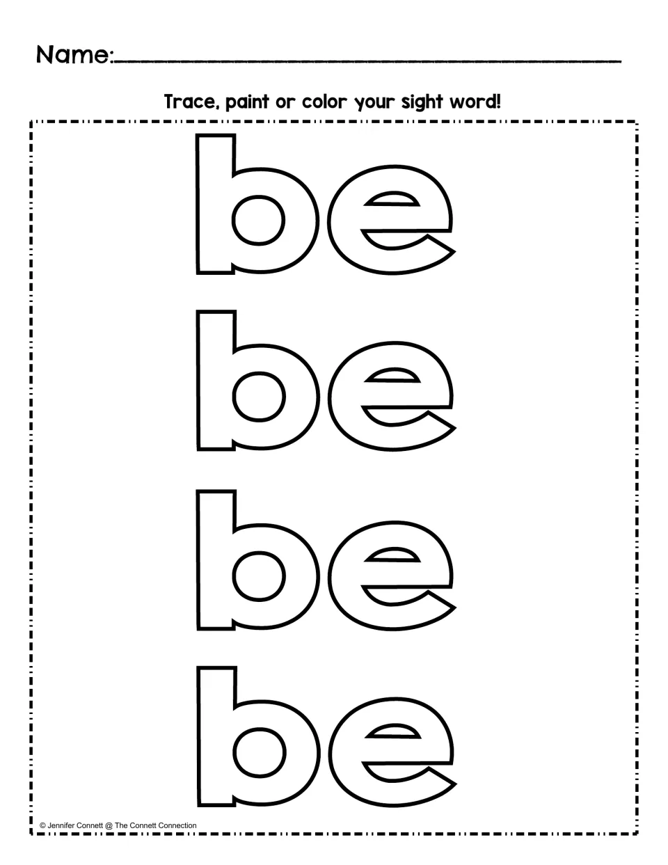 Sight word coloring practice for “be”: four large outlined copies of the word to trace, paint, or color.