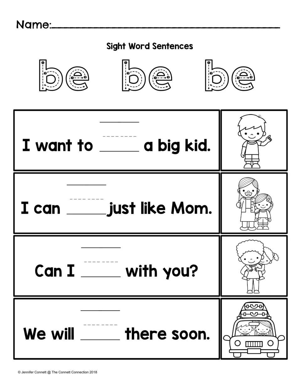 Sight word sentence practice: trace “be” three times, then complete four sentences, including “Can I be with you?”