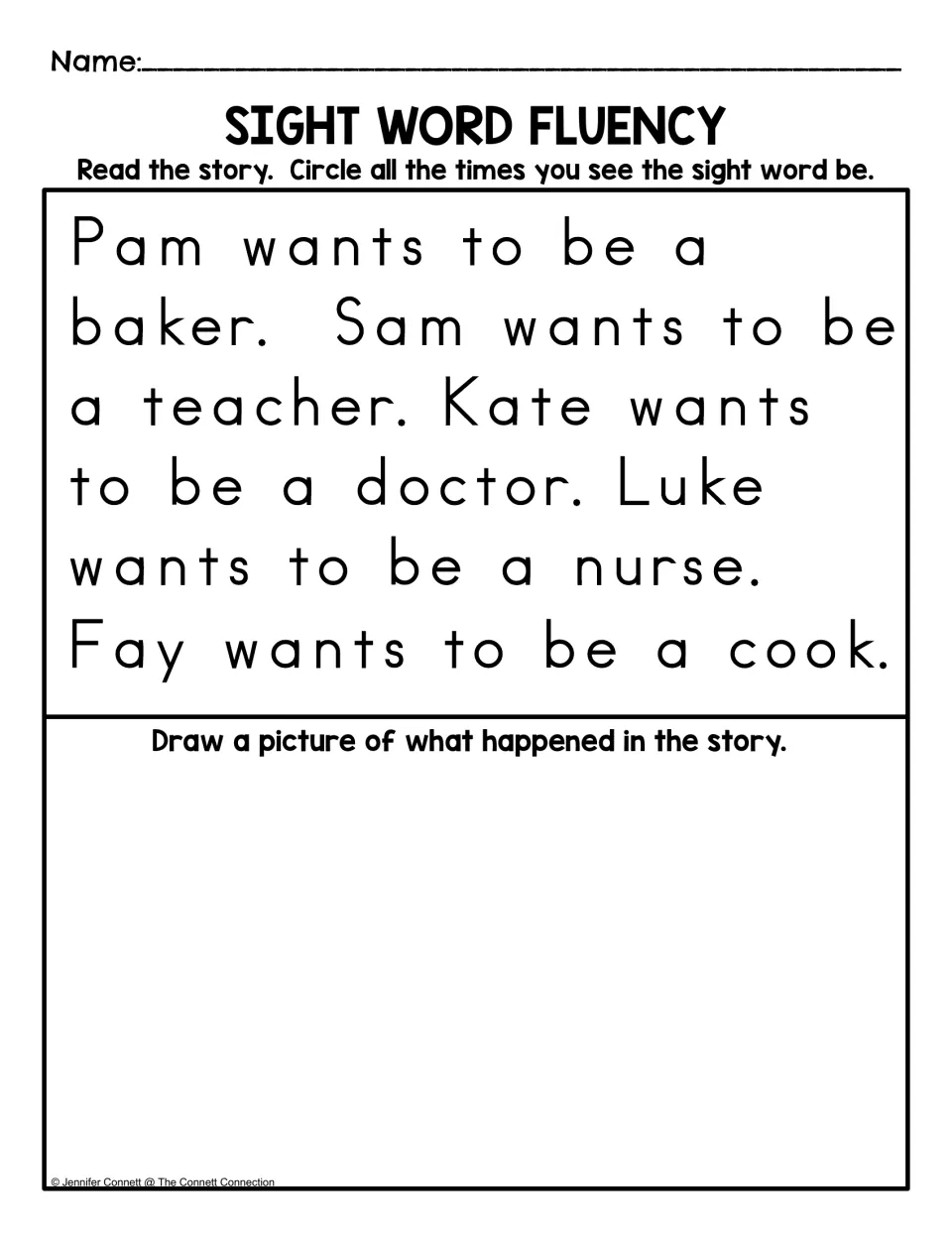 Sight word fluency story about five children's job wishes: read, circle each “be,” and draw the story.