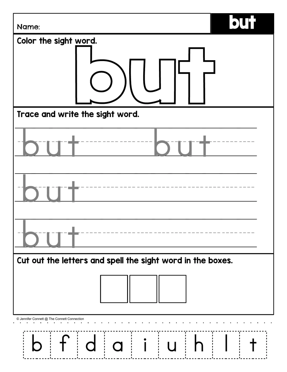 Sight word practice for “but”: color the word, trace and write it, then select cutout letters to spell it.