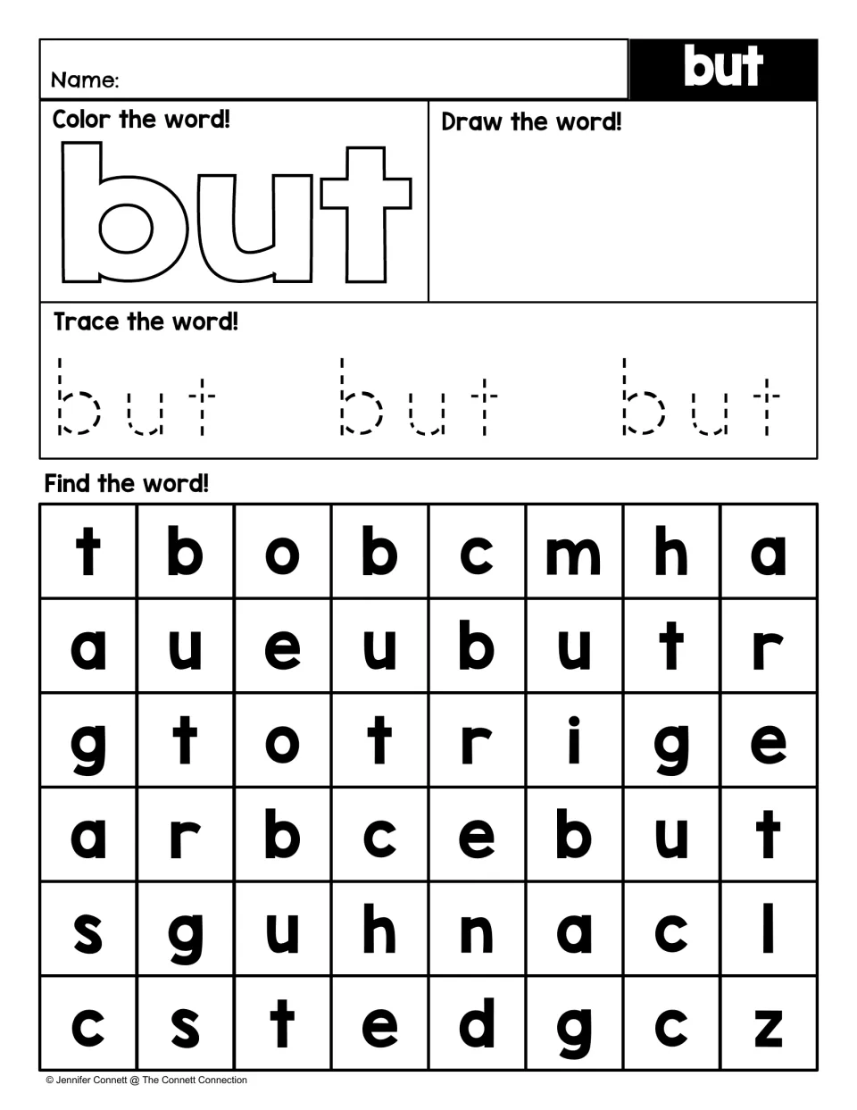Sight word search activity for “but”: color and draw the word, trace it three times, and find it in a word search.