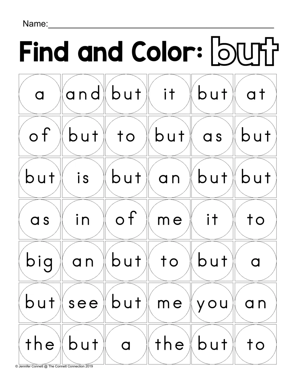 Find and Color activity for “but”: identify the target word among words including and, it, at, of, and to.