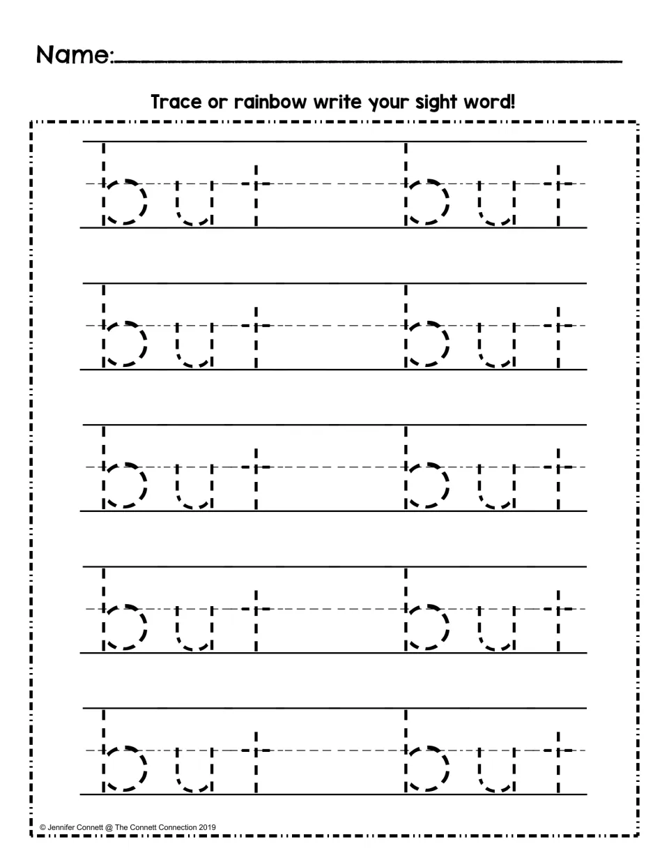 Sight word tracing practice for “but” offers ten dotted word models to trace or rainbow write.